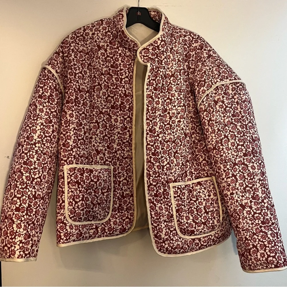 Floral Print Cropped Quilted Jacket Cardigan Open Front Padded Lightweig… - Picture 3 of 4